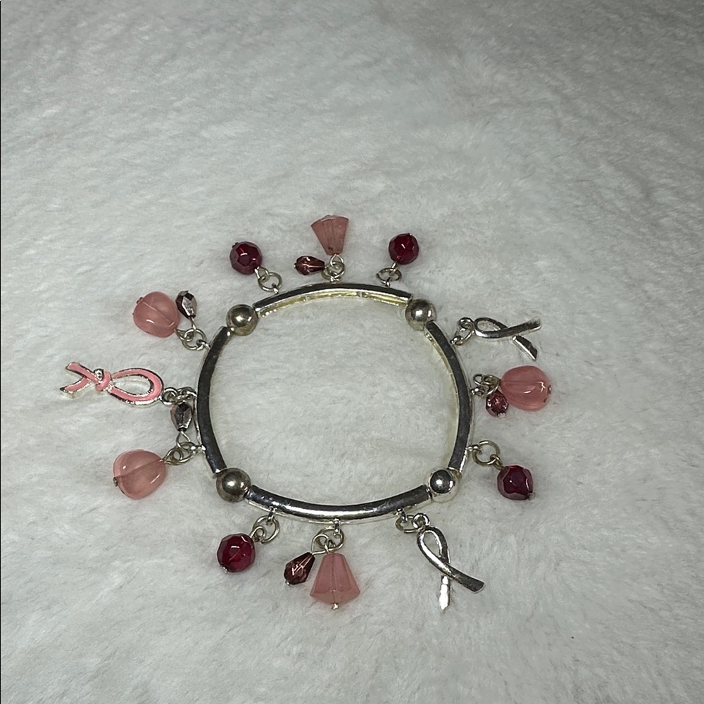 Pink Ribbon Charm Bracelet - Women’s Pink Beaded Charm Bracelet